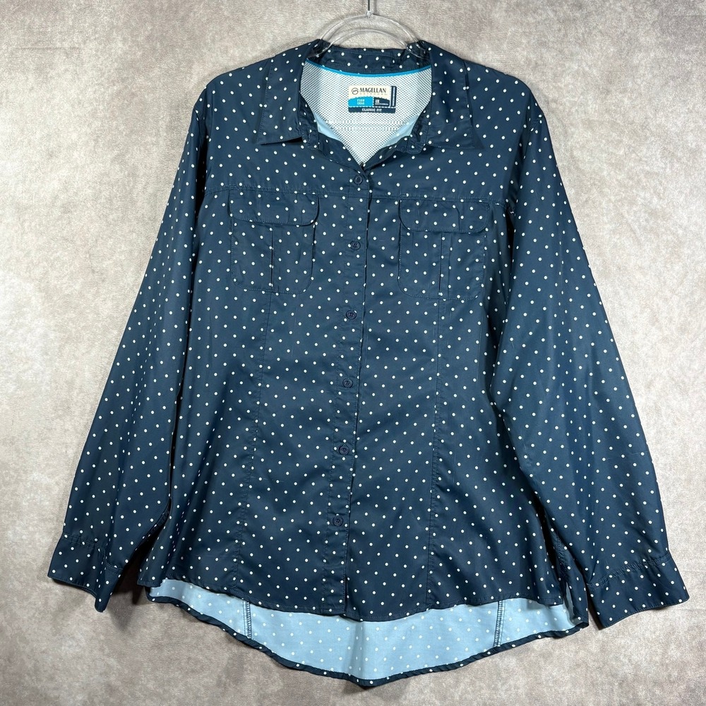 Magellan Fish Gear Fishing Shirt Womens Size 1X Blue Polka Dot Classic Fit